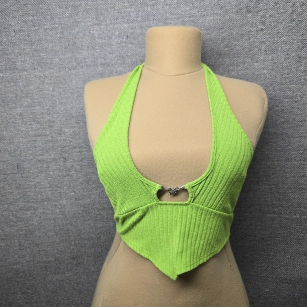 Lime Green Ribbed Halter Top Butterfly Charm‎ Handkerchief Hem Y2K Style